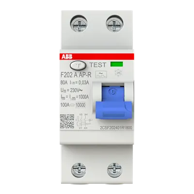 2CSF202401R1800 - Residual Current Circuit Breaker F200 - 2P - 30 mA - 80 A - Type A APR - 10ms Delay - ABB