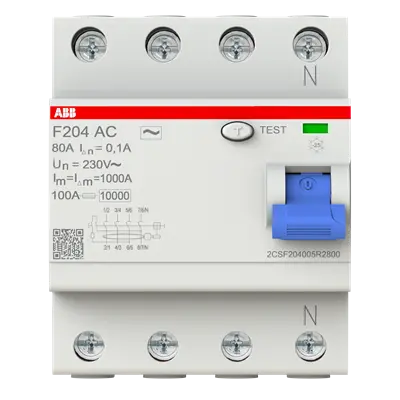 2CSF204005R2800 - Residual Current Circuit Breaker F200 - 4P - 100 mA - 80 A - Type AC - ABB