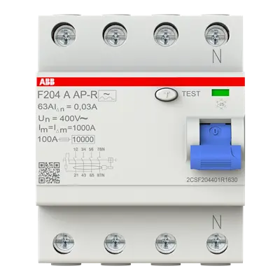 2CSF204401R1630 - Residual Current Circuit Breaker F200 - 4P - 30 mA - 63 A - Type A APR - 10ms Delay - ABB